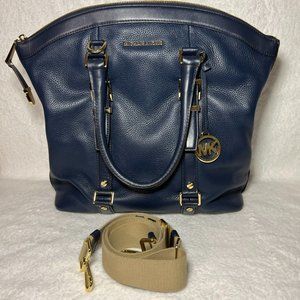 Michael Kors Large Pebbled Leather Bedford Dome Tote Navy Blue